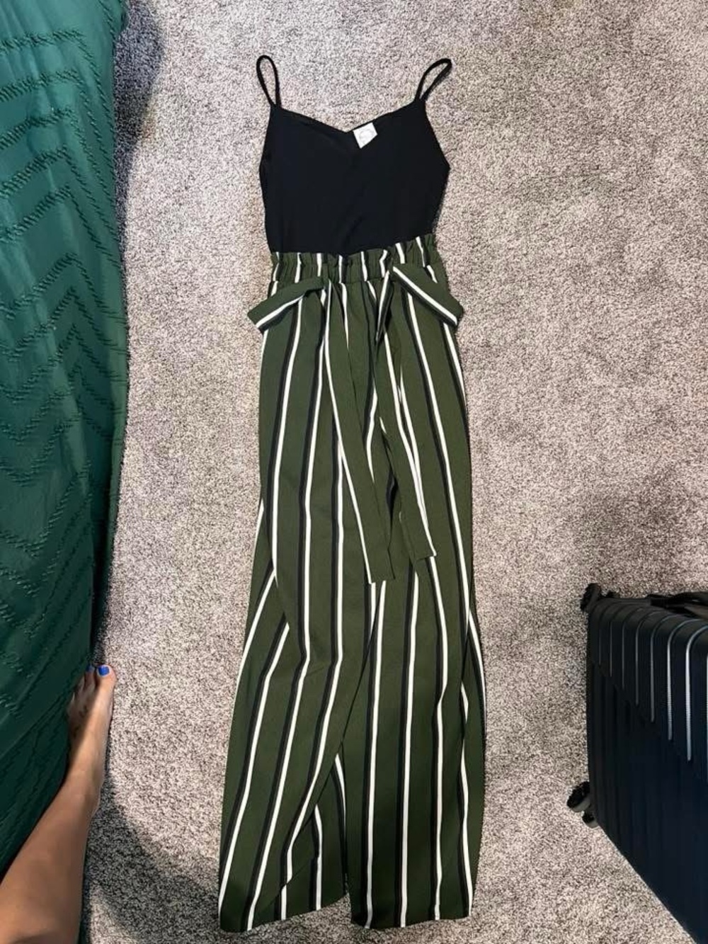 Dry Goods Olive & Black Striped Wide-Leg Jumpsuit with Tie Waist